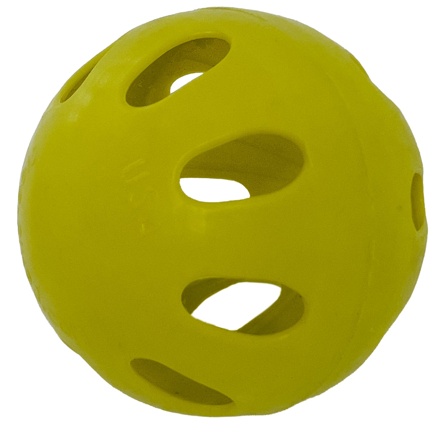 Close-up of yellow-green Stee-Rike 3 practice softball showing hole pattern — official softball size