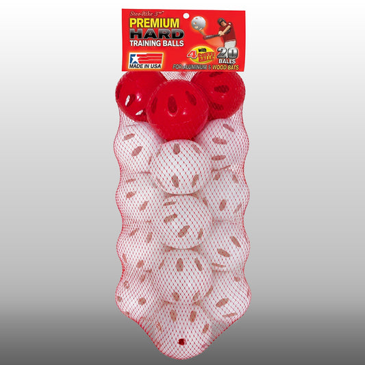 Stee-Rike 3 Premium Training Balls 20-pack mesh bag with red curveballs and white standard balls — Made in USA