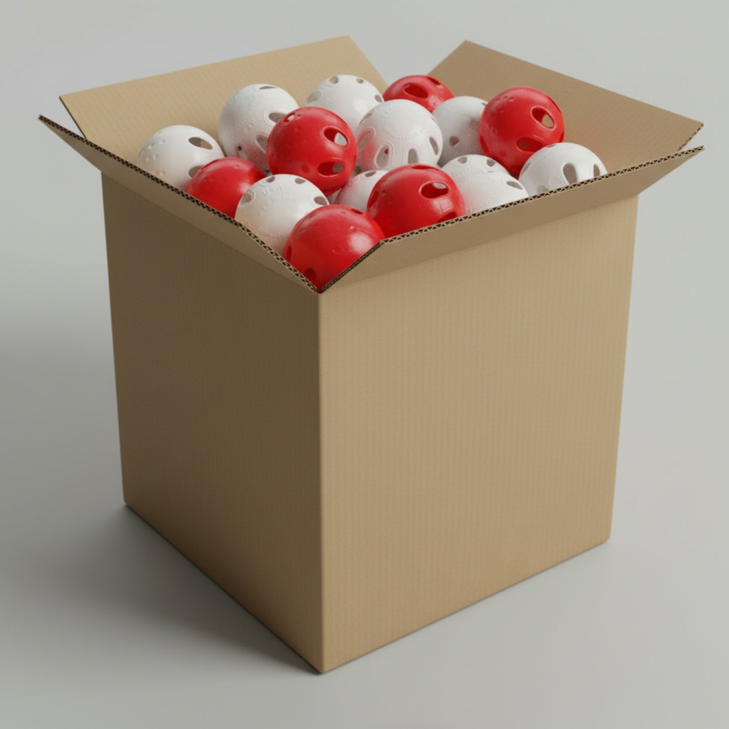 Cardboard box filled with Stee-Rike 3 red curveballs and white training balls — 80-ball multipack