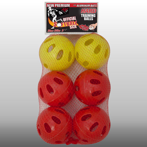 Stee-Rike 3 Premium Practice Softballs 6-pack mesh bag with yellow-green and red training softballs
